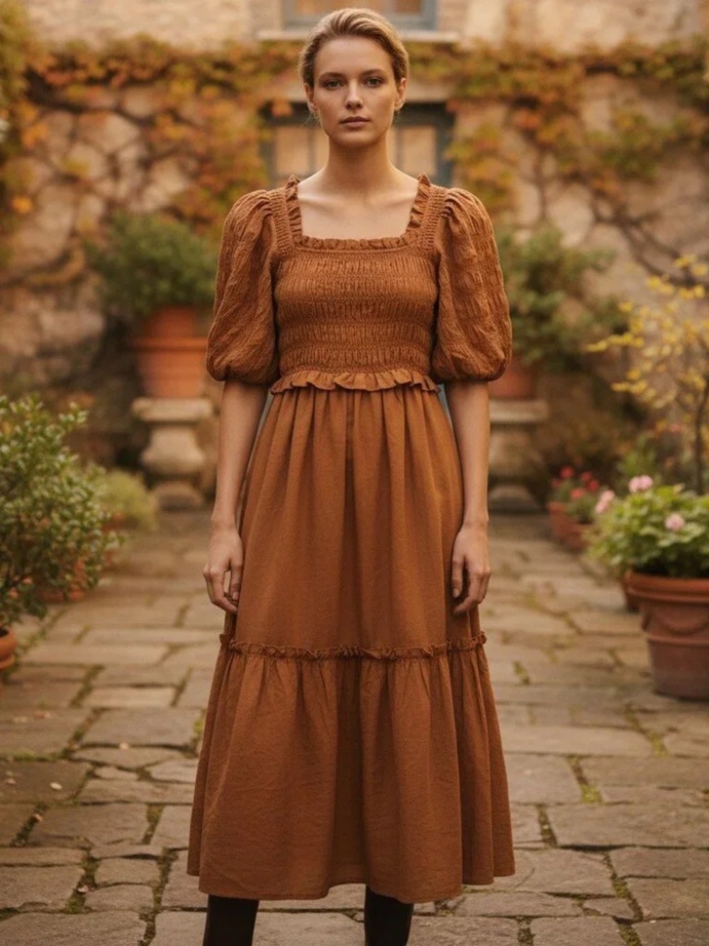 Moon River Caramel Smocked Midi Dress